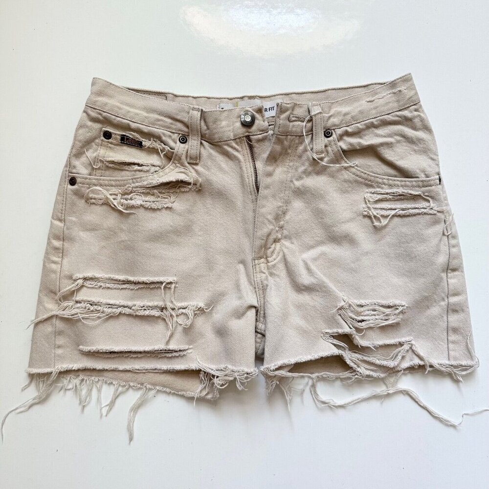 Vintage Lee Cutoff Jean Shorts Size 30 Tan Denim Distressed 1980s 1990s 9.5 Rise